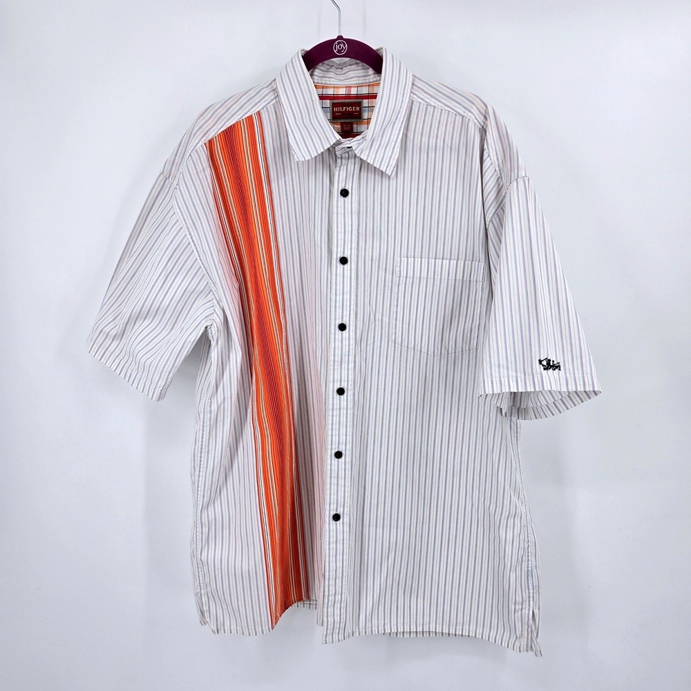 Tommy Hilfiger Vintage Shirt XL Blue White Orange Racing Stripe Embroidered EUC